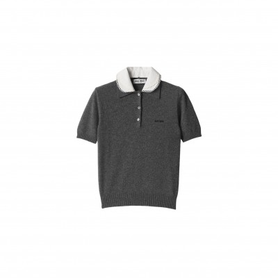 MIU MIU CASHMERE POLO WITH EMBROIDERED POPLIN COLLAR MML03Z